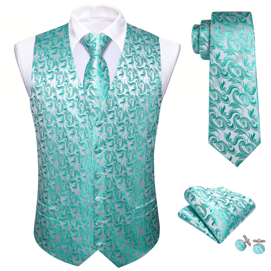 Mint Blue Floral Jacquard Men's Vest Set vest set    - Sophisticated Gentlemen