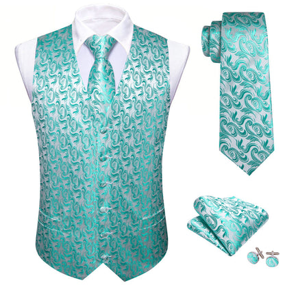 Mint Blue Floral Jacquard Men's Vest Set vest set    - Sophisticated Gentlemen