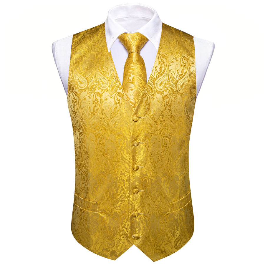 Golden Yellow Formal Floral Paisley Men's Vest Set vest set    - Sophisticated Gentlemen