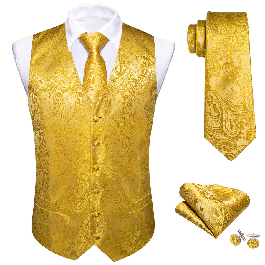 Golden Yellow Formal Floral Paisley Men's Vest Set vest set    - Sophisticated Gentlemen