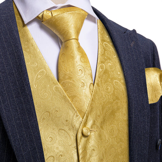 Yellow Paisley Floral Men's Vest Set vest set S (Chest 40")   - Sophisticated Gentlemen