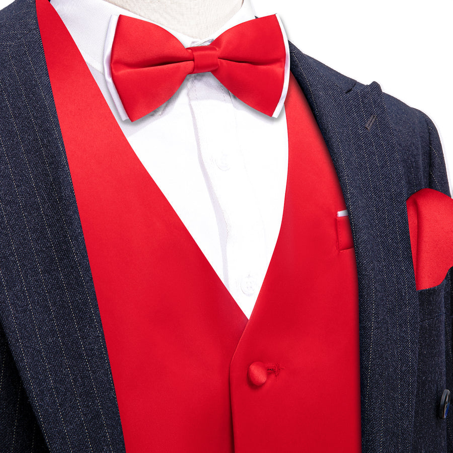 Red Solid Silk Men's Bowtie Vest Set vest set S (Chest 40")   - Sophisticated Gentlemen