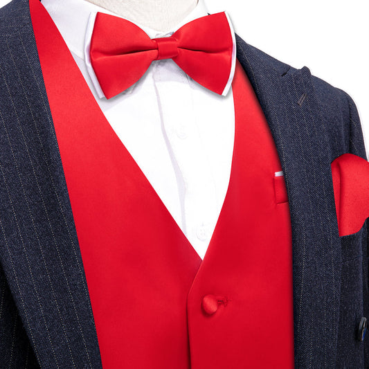 Red Solid Silk Men's Bowtie Vest Set vest set S (Chest 40")   - Sophisticated Gentlemen