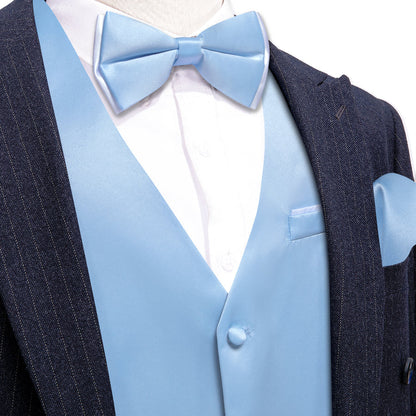 Sky Blue Solid Silk Men's Bowtie Vest Set vest set S (Chest 40")   - Sophisticated Gentlemen