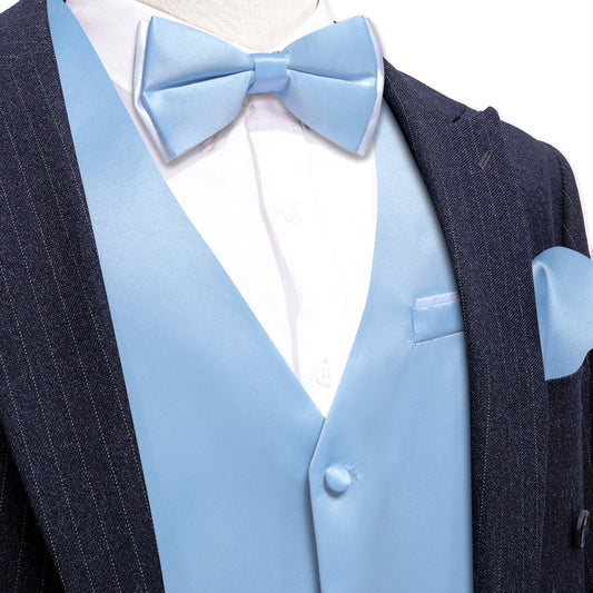 Sky Blue Solid Silk Men's Bowtie Vest Set vest set S (Chest 40")   - Sophisticated Gentlemen