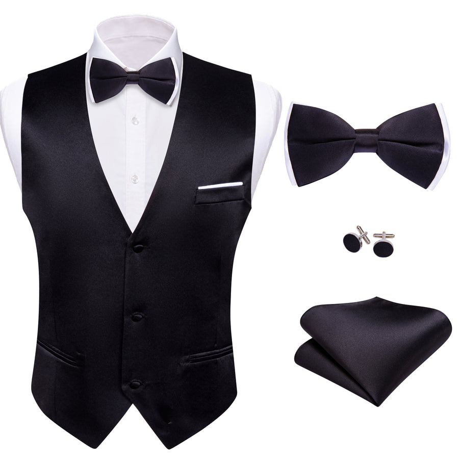 Dark Black Solid Silk Men's Bowtie Vest Set vest set    - Sophisticated Gentlemen