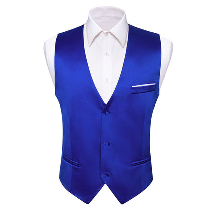 Medium Blue Solid Silk Men's Bowtie Vest Set vest set    - Sophisticated Gentlemen