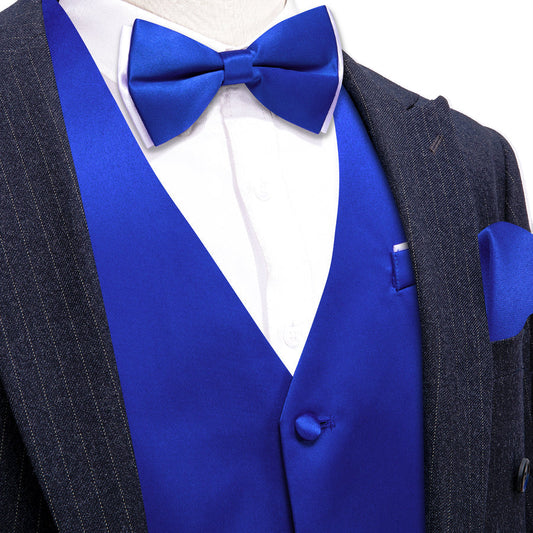 Medium Blue Solid Silk Men's Bowtie Vest Set vest set S (Chest 40")   - Sophisticated Gentlemen
