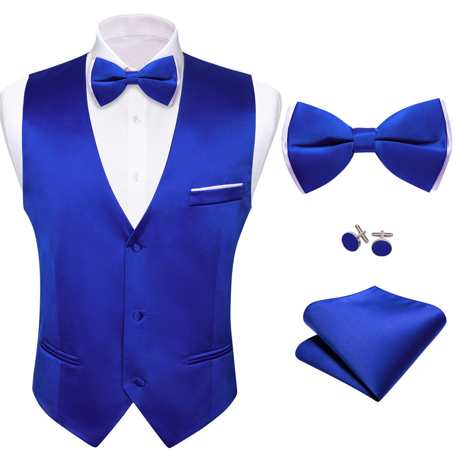 Medium Blue Solid Silk Men's Bowtie Vest Set vest set    - Sophisticated Gentlemen