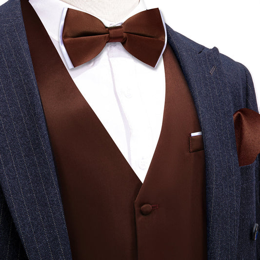 Pecan Brown Solid Silk Bowtie Vest Set vest set S (Chest 40")   - Sophisticated Gentlemen