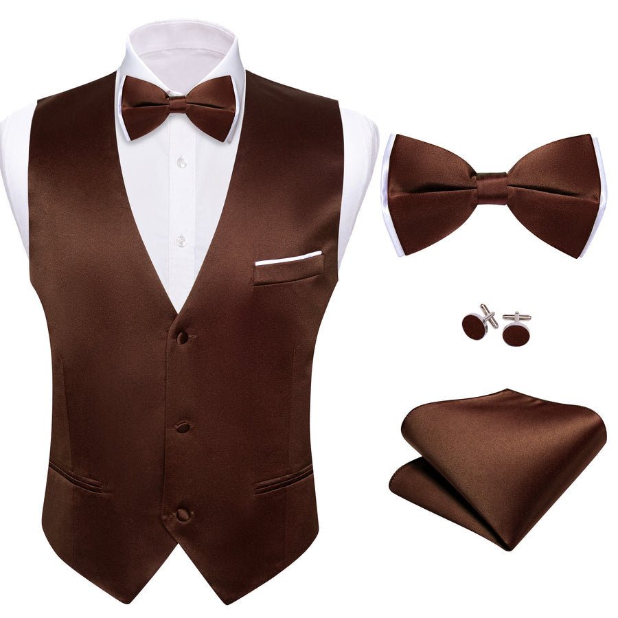 Pecan Brown Solid Silk Bowtie Vest Set vest set    - Sophisticated Gentlemen