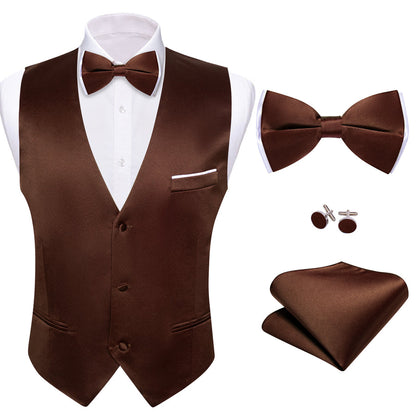 Pecan Brown Solid Silk Bowtie Vest Set vest set    - Sophisticated Gentlemen