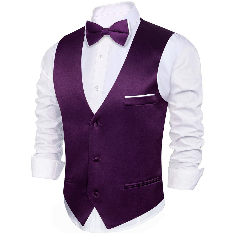 Dark Magenta Solid Silk Men's Vest Bowtie Vest Set vest set    - Sophisticated Gentlemen