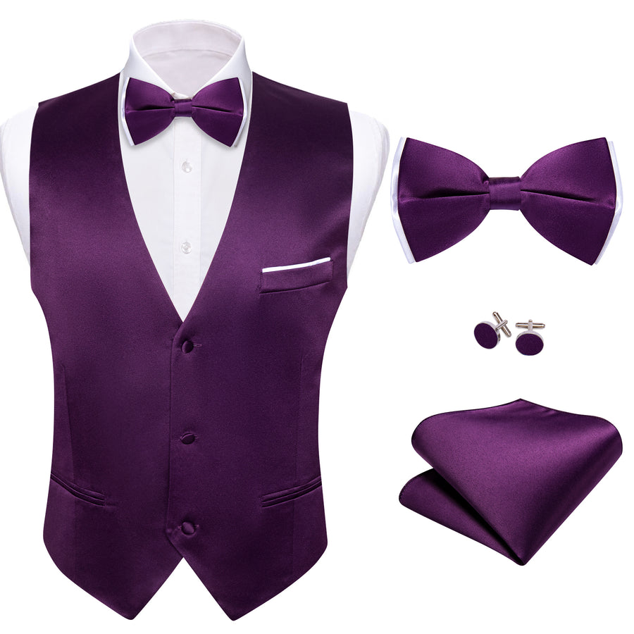 Dark Magenta Solid Silk Men's Vest Bowtie Vest Set vest set    - Sophisticated Gentlemen