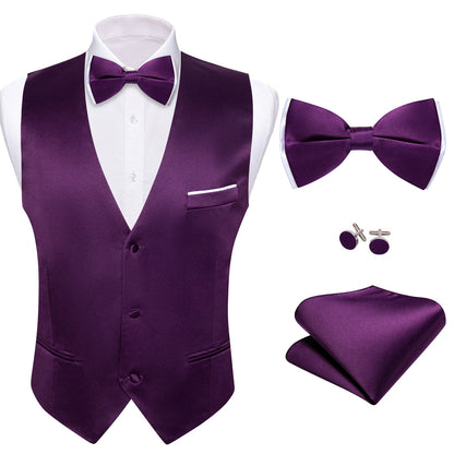 Dark Magenta Solid Silk Men's Vest Bowtie Vest Set vest set    - Sophisticated Gentlemen
