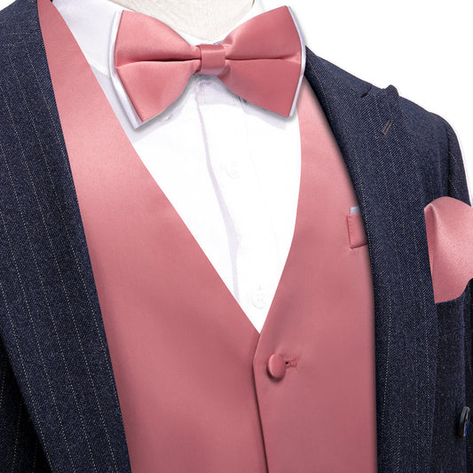 Light Coral Solid Silk Men's Bowtie Vest Set vest set S (Chest 40")   - Sophisticated Gentlemen