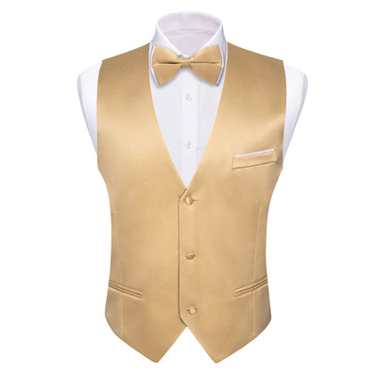 Tan Solid Silk Men's Bowtie Vest Set vest set    - Sophisticated Gentlemen