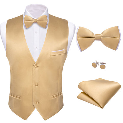 Tan Solid Silk Men's Bowtie Vest Set vest set    - Sophisticated Gentlemen