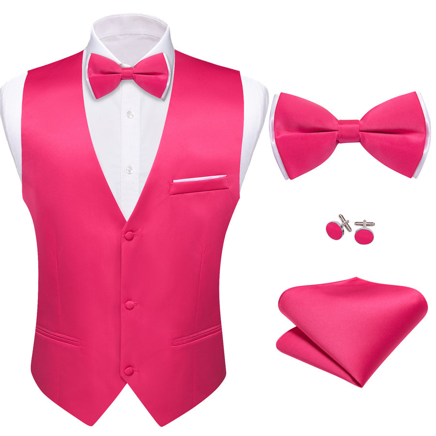 Deep Pink Solid Silk Men's Bowtie Vest Set vest set    - Sophisticated Gentlemen