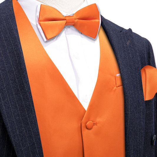 Orange Solid Silk Bowtie Vest Set vest set S (Chest 40")   - Sophisticated Gentlemen