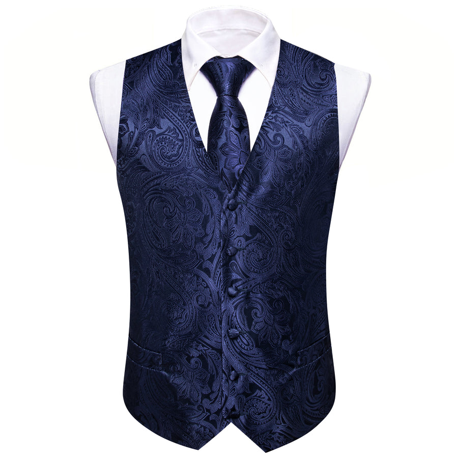 Deep Blue Formal Floral Jacquard Men's Vest Set vest set    - Sophisticated Gentlemen