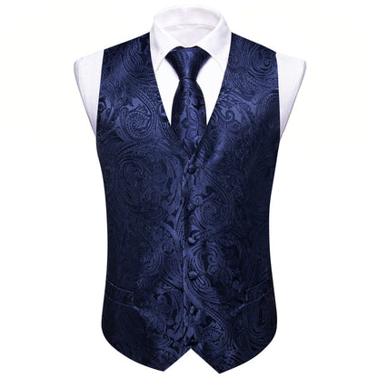 Deep Blue Formal Floral Jacquard Men's Vest Set vest set    - Sophisticated Gentlemen