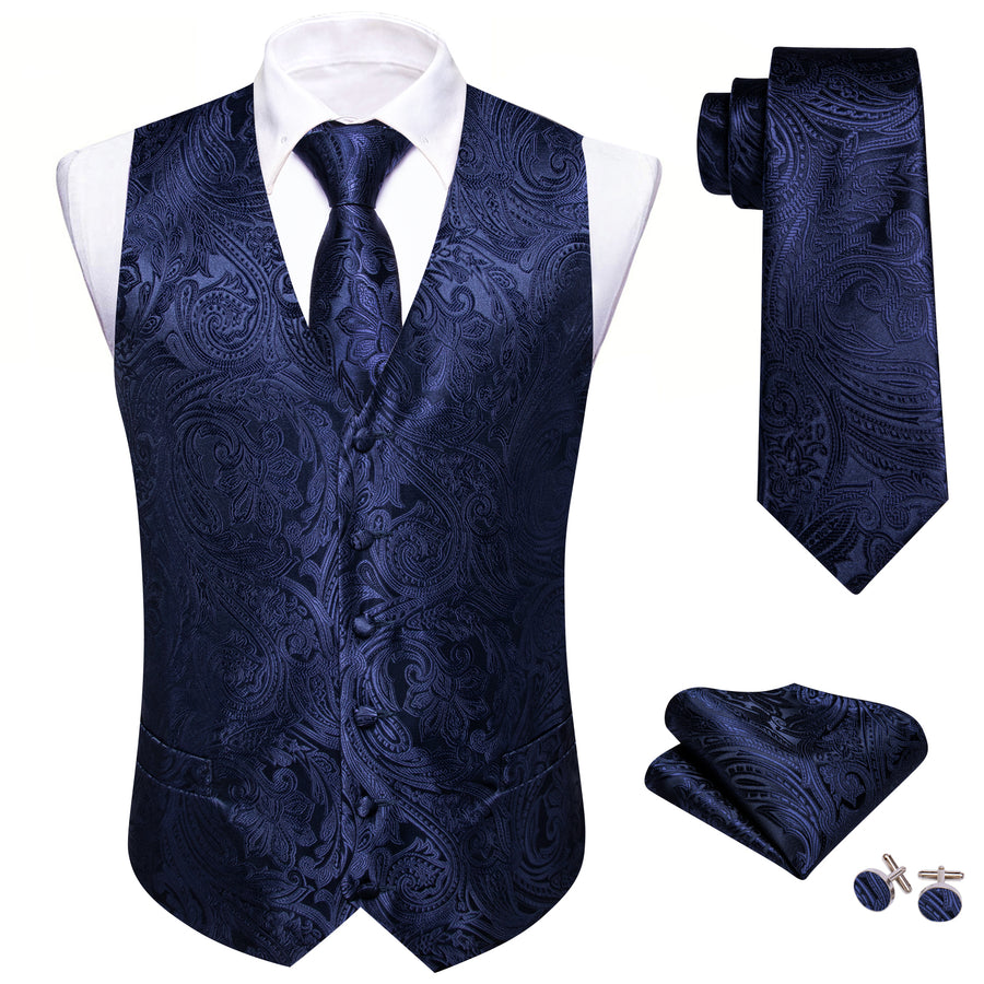 Deep Blue Formal Floral Jacquard Men's Vest Set vest set    - Sophisticated Gentlemen