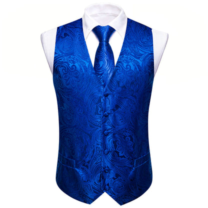 Royal Blue Floral Jacquard Men's Vest Set vest set    - Sophisticated Gentlemen