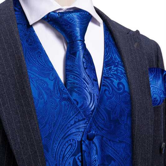 Royal Blue Floral Jacquard Men's Vest Set vest set S (Chest 40")   - Sophisticated Gentlemen
