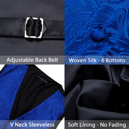 Royal Blue Floral Jacquard Men's Vest Set vest set    - Sophisticated Gentlemen