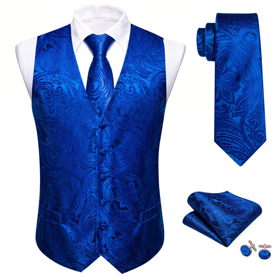 Royal Blue Floral Jacquard Men's Vest Set vest set    - Sophisticated Gentlemen