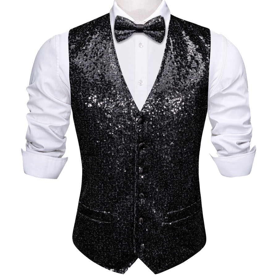Sequins Black Solid Silk Men's Bowtie Vest Set vest set    - Sophisticated Gentlemen