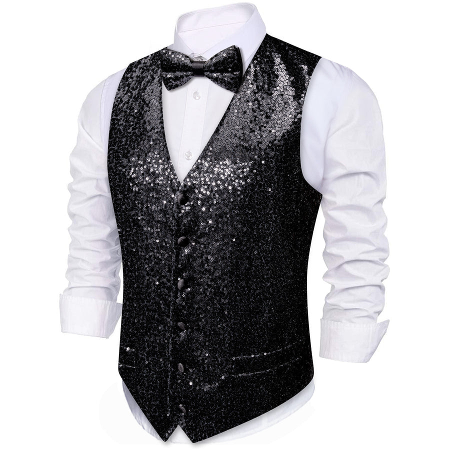 Sequins Black Solid Silk Men's Bowtie Vest Set vest set    - Sophisticated Gentlemen