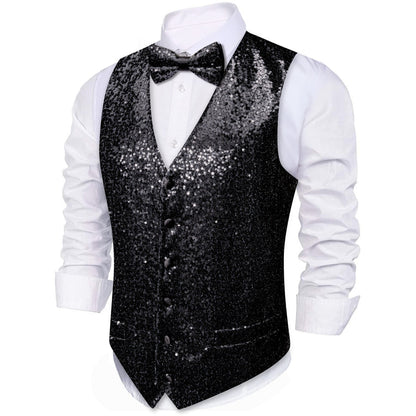 Sequins Black Solid Silk Men's Bowtie Vest Set vest set    - Sophisticated Gentlemen