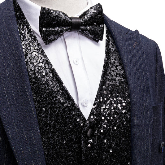 Sequins Black Solid Silk Men's Bowtie Vest Set vest set S (Chest 40")   - Sophisticated Gentlemen