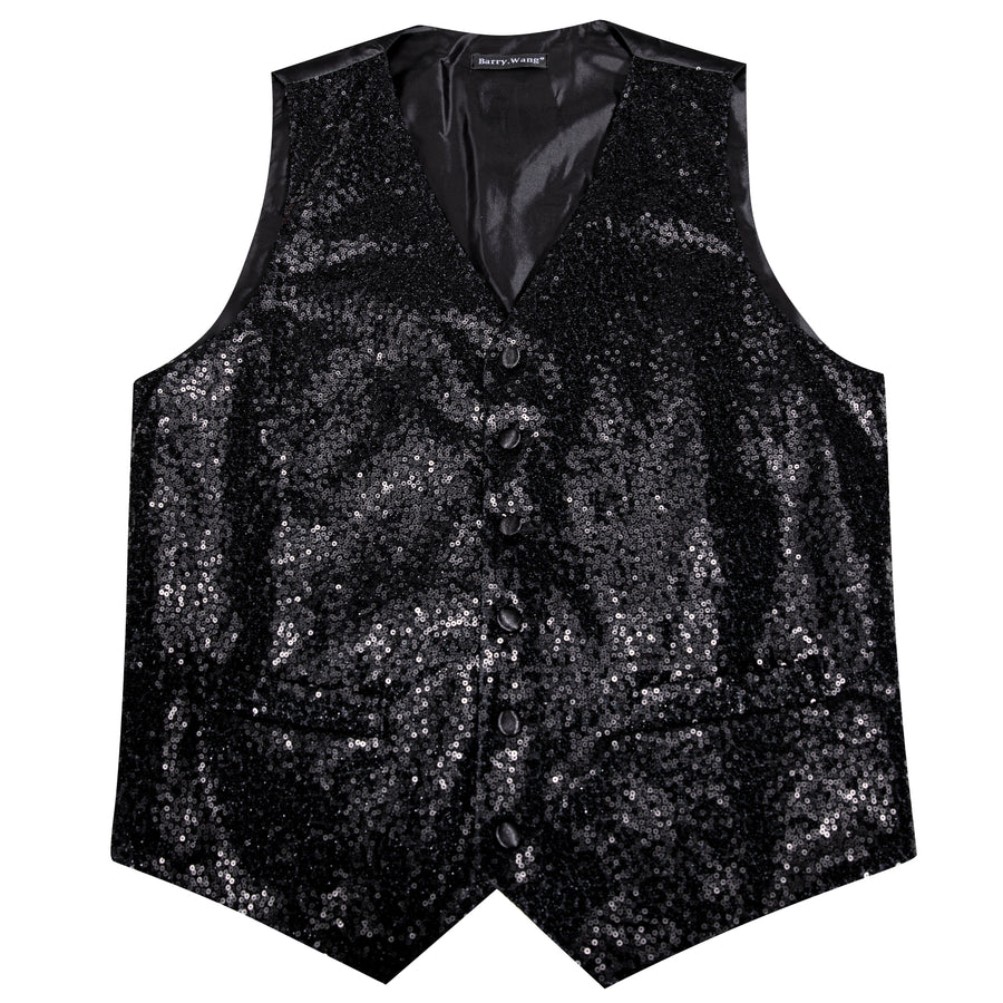 Sequins Black Solid Silk Men's Bowtie Vest Set vest set    - Sophisticated Gentlemen