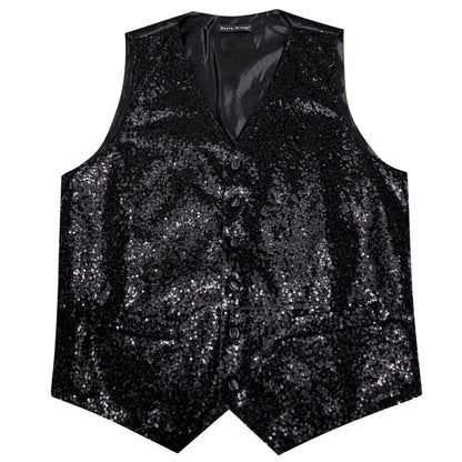 Sequins Black Solid Silk Men's Bowtie Vest Set vest set    - Sophisticated Gentlemen