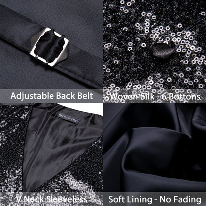 Sequins Black Solid Silk Men's Bowtie Vest Set vest set    - Sophisticated Gentlemen