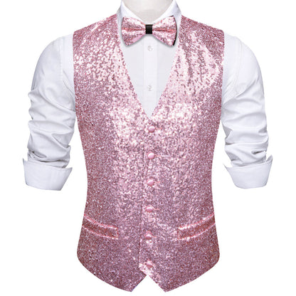 Sequins Pink Solid Silk Men's Bowtie Vest Set vest set    - Sophisticated Gentlemen