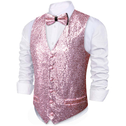 Sequins Pink Solid Silk Men's Bowtie Vest Set vest set    - Sophisticated Gentlemen
