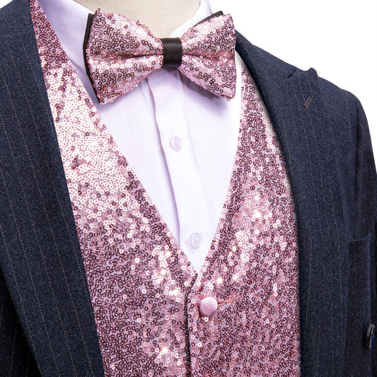 Sequins Pink Solid Silk Men's Bowtie Vest Set vest set S (Chest 40")   - Sophisticated Gentlemen