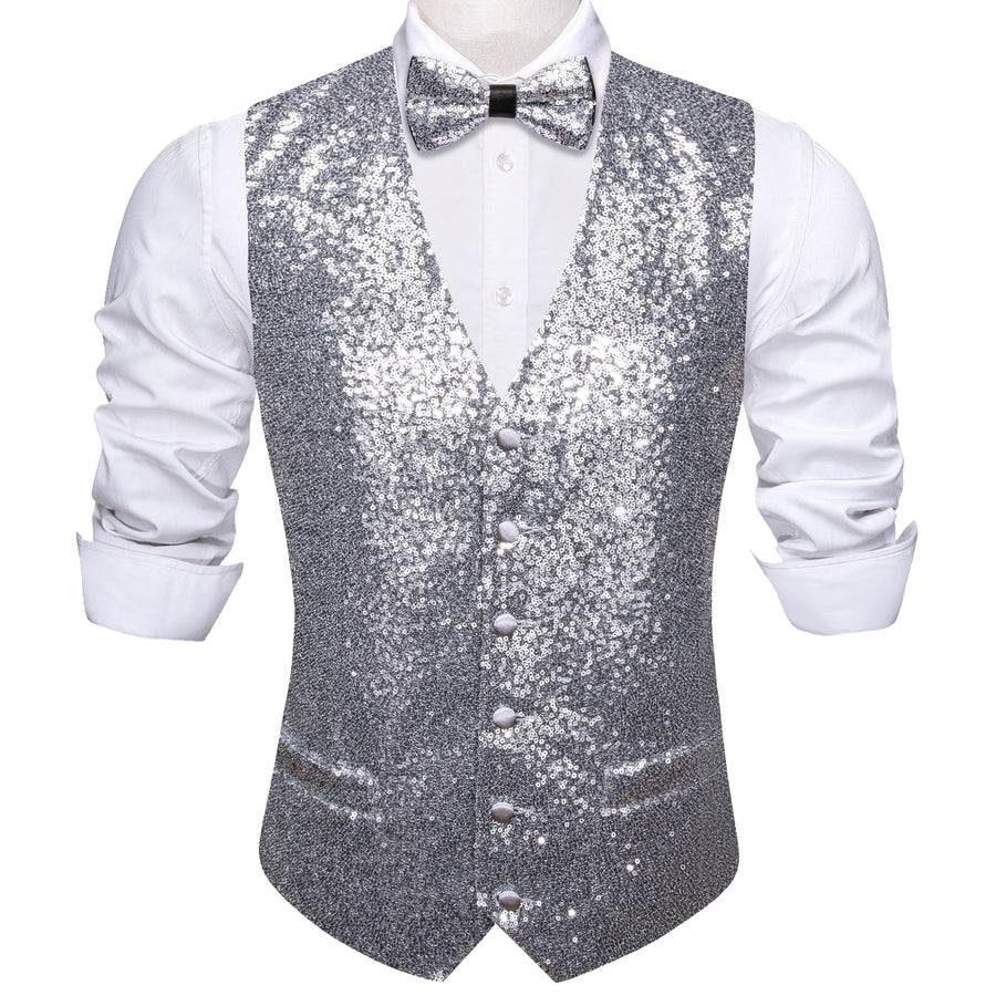 Sequins Silver Gray Solid Silk Men's Bowtie Vest Set vest set    - Sophisticated Gentlemen