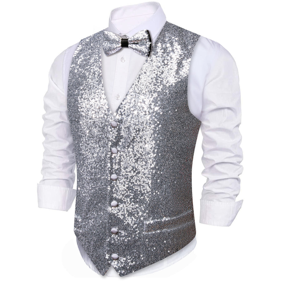 Sequins Silver Gray Solid Silk Men's Bowtie Vest Set vest set    - Sophisticated Gentlemen
