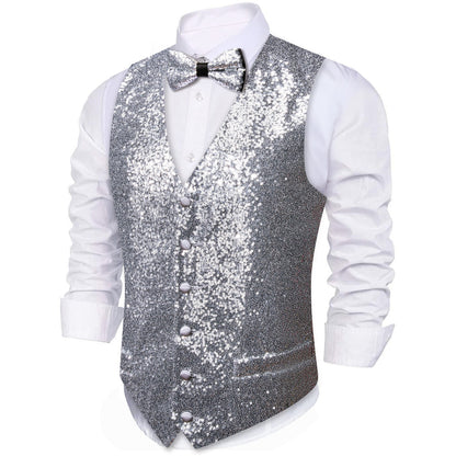 Sequins Silver Gray Solid Silk Men's Bowtie Vest Set vest set    - Sophisticated Gentlemen