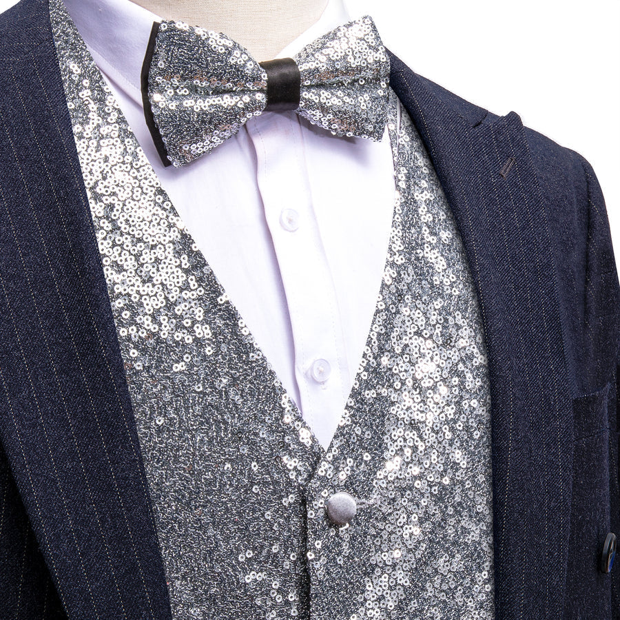 Sequins Silver Gray Solid Silk Men's Bowtie Vest Set vest set S (Chest 40")   - Sophisticated Gentlemen