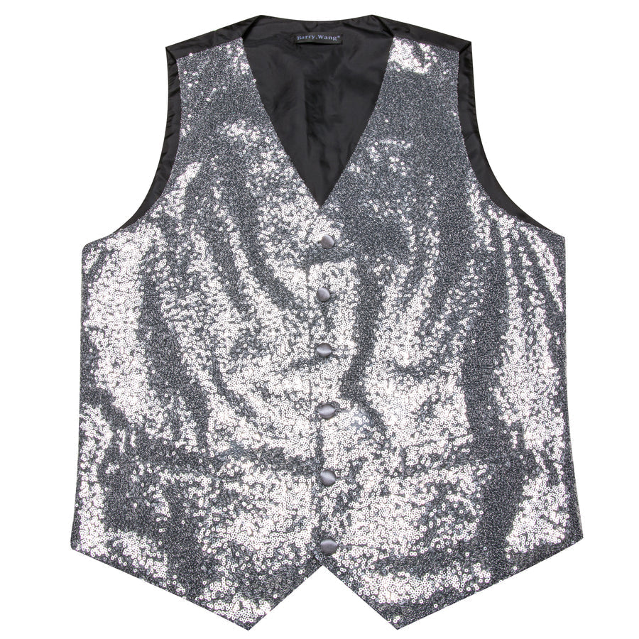 Sequins Silver Gray Solid Silk Men's Bowtie Vest Set vest set    - Sophisticated Gentlemen