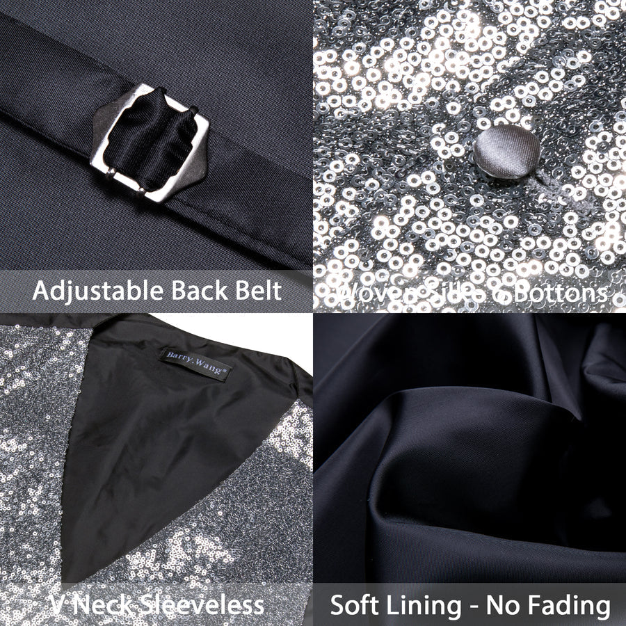 Sequins Silver Gray Solid Silk Men's Bowtie Vest Set vest set    - Sophisticated Gentlemen