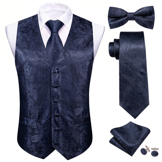 Denim Blue Woven Paisley Bowtie Vest Set vest set S (Chest 40")   - Sophisticated Gentlemen