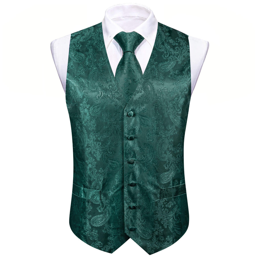 Light Sapphire Pine Green Paisley Silk Bowtie Vest Set vest set    - Sophisticated Gentlemen