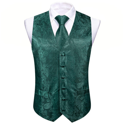 Light Sapphire Pine Green Paisley Silk Bowtie Vest Set vest set    - Sophisticated Gentlemen
